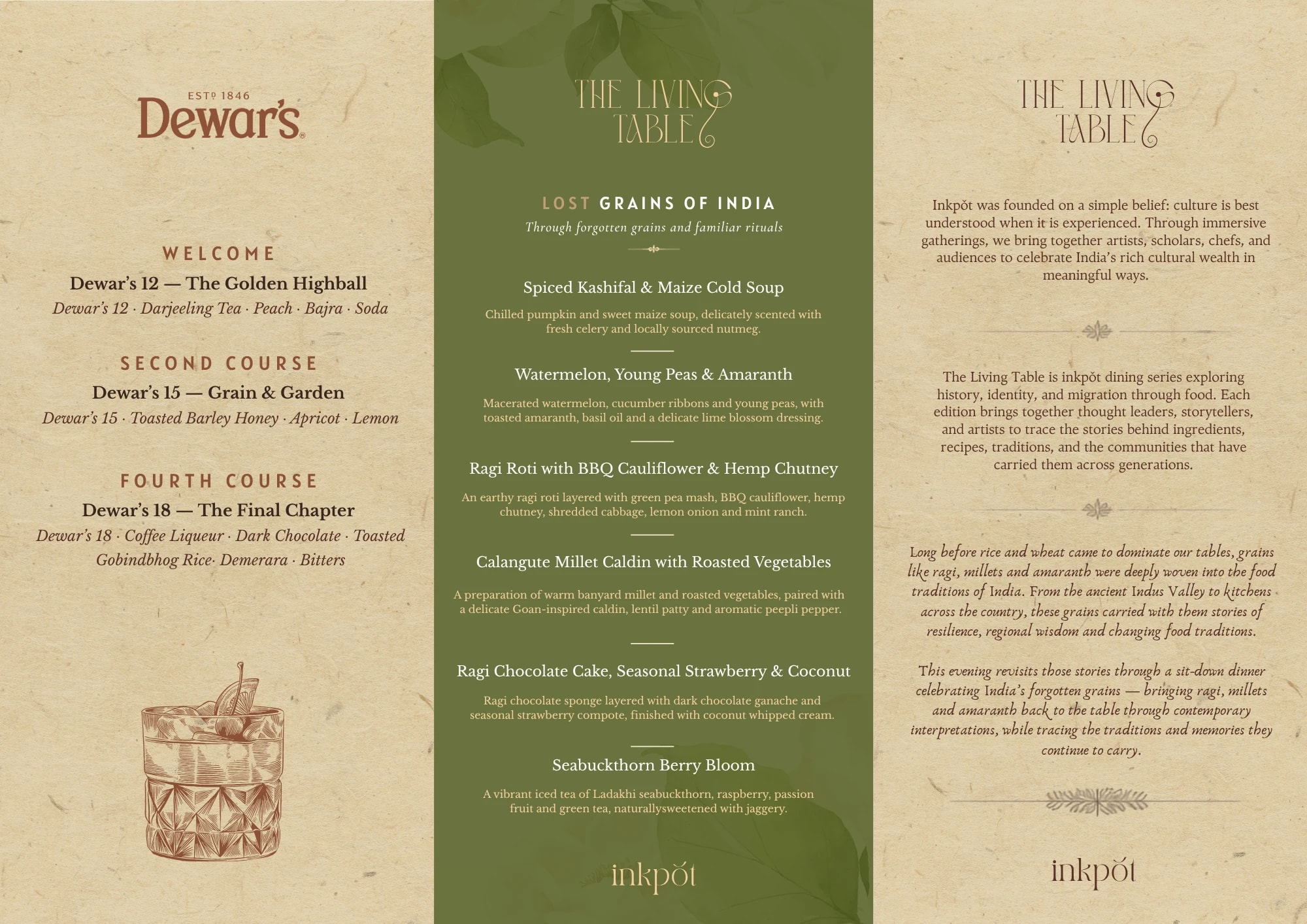 The Living Table, Lost Grains of India menu: Dewar’s welcome drink and pairings for the second and fourth courses, the six-dish menu of Spiced Kashifal and Maize Cold Soup, Watermelon Young Peas and Amaranth, Ragi Roti with BBQ Cauliflower and Hemp Chutney, Calangute Millet Caldin with Roasted Vegetables, Ragi Chocolate Cake, and Seabuckthorn Berry Bloom
